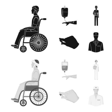 Travma, kan nakli, Doktor, bir doktorun elinde ilaç ile geçersiz. Medicineset toplama simgeler siyah, monochrom stil vektör simge stok çizim web içinde.