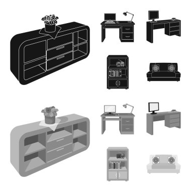 Bir çiçek, bir resepsiyon ile bir bilgisayar ve bir lamba, bir monitör ve bir kitap, bir kabine belgelerle ve bir radyo içeren bir tablo ile bir raf. Mobilya ve enteriyör toplama simgeler siyah, monochrom tarzda ayarla