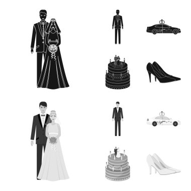 Düğün ve öznitelikleri çizgi film, düz, anahat, siyah simgeler set koleksiyonu tasarım için. Sembol stok web illüstrasyon vektör yeni evliler ve aksesuarları.