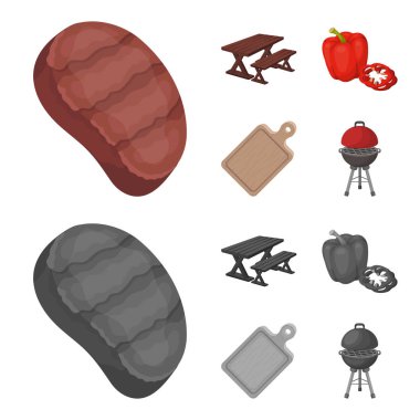 Kızarmış biftek, gevşeme, tatlı biber, kesme tahtası için bir Bank ile tablo. Barbekü toplama simgeler çizgi film, tek renkli stil vektör simge stok çizim web ayarla. .