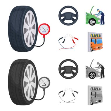 Motor ayarı, direksiyon simidi, kelepçe ve tekerlek karikatür, set koleksiyonu tasarım için tek renkli simgeler. Araba bakım istasyonu vektör simge stok çizim web.