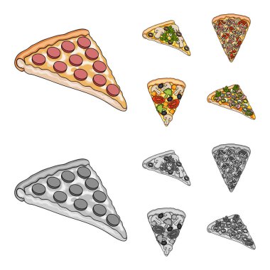 Bir dilim pizza farklı malzemelerle. Çizgi film, tek renkli stil vektör simge stok çizim web simgeler farklı pizza ayarla.