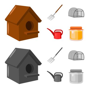 Kümes hayvanlarının, yaba, sera, sulama olabilir. Çiftlik toplama simgeler çizgi film, tek renkli stil vektör simge stok çizim web ayarla..