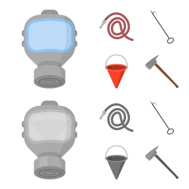 Gaz maskesi, hortum, kova, bagore. İtfaiye toplama simgeler çizgi film, tek renkli stil vektör simge stok çizim web ayarla..