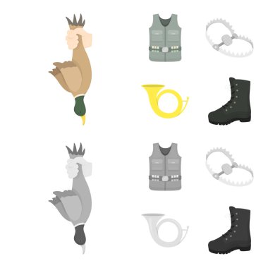 Elini, keskin bir zeka, bir av yeleği himayesi ile bir boynuz bir kupa... Avcılık toplama simgeler çizgi film, tek renkli stil vektör simge stok çizim web ayarla..