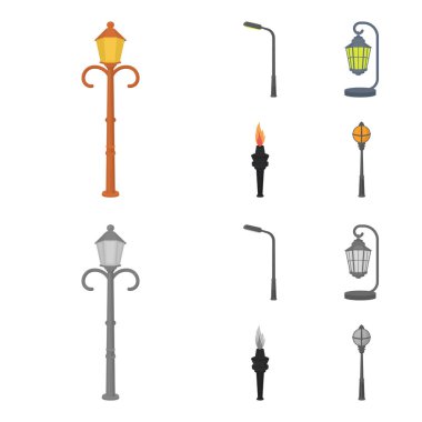 Retro tarzı, modern fener, meşale ve diğer tip-in sokak sokak lâmbası direği. Elektrik direği toplama simgeler çizgi film, tek renkli stil vektör simge stok çizim web ayarla..