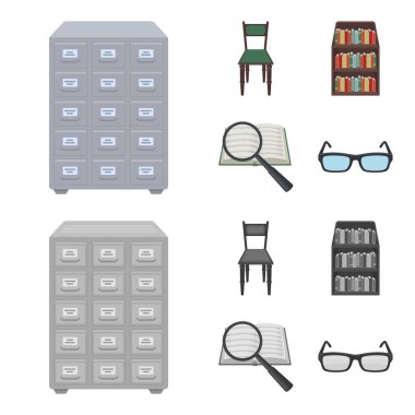 Dosya dolabı, sandalye, raflar kabine, bilgi arayın. Kütüphane ve Kitabevi çizgi film, tek renkli stil vektör simge stok çizim web simgeler ayarla.