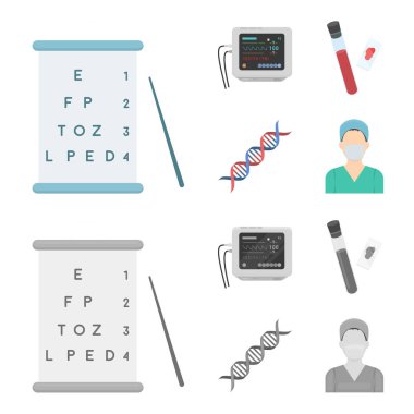Görme testleri, kan testi, bir Dna kodu, bir EKG Cihazı tablosu. İlaç toplama simgeler çizgi film, tek renkli stil vektör simge stok çizim web ayarla..