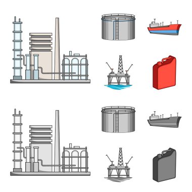 Petrol rafinerisi, tank, tanker, kule. Yağ toplama simgeler çizgi film, tek renkli stil vektör simge stok çizim web ayarla..