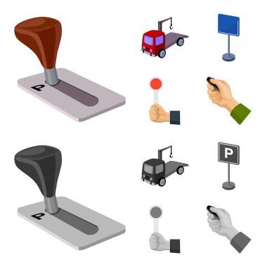 İletim kolu, çekici, Park işareti, stop sinyali. Buraya park edilmez toplama simgeler çizgi film, tek renkli stil vektör simge stok çizim web ayarla..