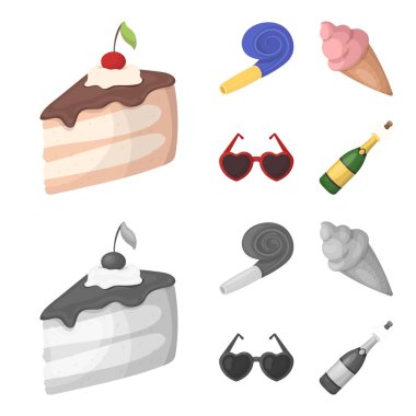 İçecekler ve parti diğer aksesuarları. Parti ve partits çizgi film, tek renkli stil vektör simge stok çizim web simgeler ayarla.