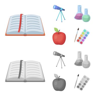 Bir yer imi, bir teleskop, şişeler ile reaktifler, kırmızı elma ile açık bir kitap. Okul ve eğitim çizgi film, tek renkli stil vektör simge stok çizim web simgeler ayarla.