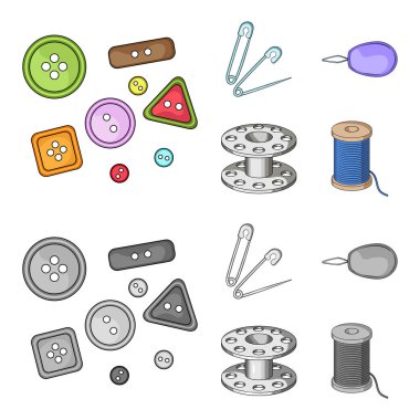 Düğmeleri, iğne, bobin ve iş parçacığı. Dikiş veya araçları terzilik çizgi film, tek renkli stil vektör simge stok çizim web simgeler ayarla.