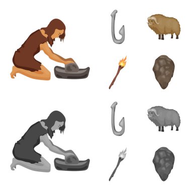 Sığır, yakalamak, kanca, Balık tutma. Taş devri çizgi film, tek renkli stil vektör simge stok çizim web simgeler ayarla.
