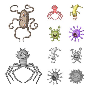 Mikrop ve virüs farklı türleri. Virüs ve bakteriler çizgi film, tek renkli stil vektör simge stok çizim web simgeler ayarla.