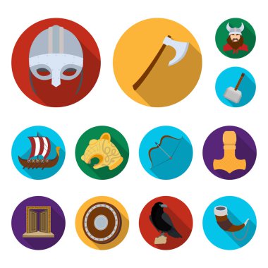 Düz set koleksiyonu tasarım için simgeleri Vikingler ve öznitelikleri. Eski İskandinav savaşçı vektör simge stok web çizimi.