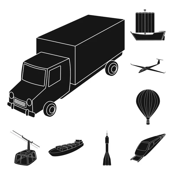 Diferentes tipos de iconos negros de transporte en la colección de conjuntos para el diseño. Coche y barco vector símbolo stock web ilustración . — Archivo Imágenes Vectoriales