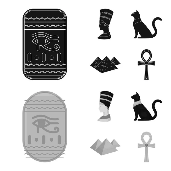 Ojo de Horus, gato egipcio negro, pirámides, cabeza de Nefertiti.Ancient Egipto conjunto colección iconos en negro, monocromo estilo vector símbolo stock ilustración web . — Archivo Imágenes Vectoriales