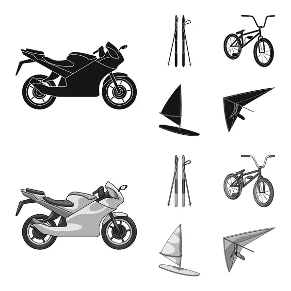 Motocicleta, esquí de montaña, ciclismo, surf con una vela.Extreme sport set colección iconos en negro, monochrom estilo vector símbolo stock ilustración web . — Vector de stock