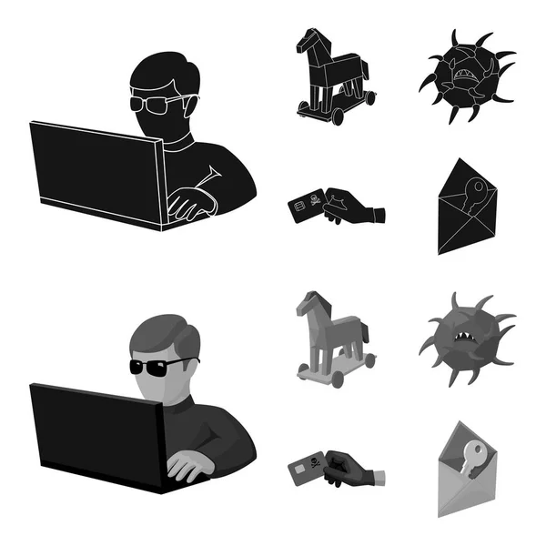 Hacker, piratería informática, sistema, internet .Hackers y hacking conjunto de iconos de la colección en negro, el estilo monocromo vector símbolo stock illustration web . — Vector de stock