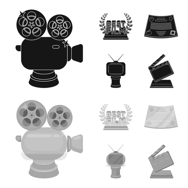 Caméra argentée. Un prix de bronze sous la forme d'un téléviseur et d'autres types de prix.Prix du film, sset icônes de la collection en noir, symbole vectoriel de style monochrome illustration web . — Image vectorielle