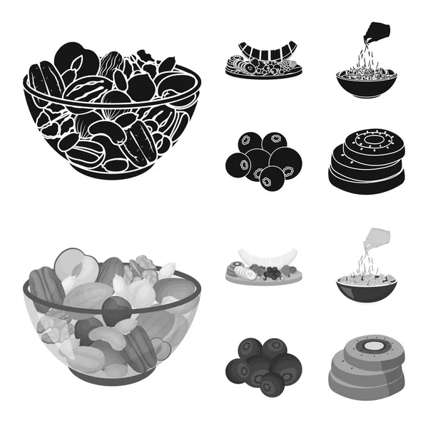 Surtido de frutos secos, frutas y otros alimentos. Conjunto de alimentos iconos de colección en negro, monocromo estilo vector símbolo stock ilustración web . — Archivo Imágenes Vectoriales