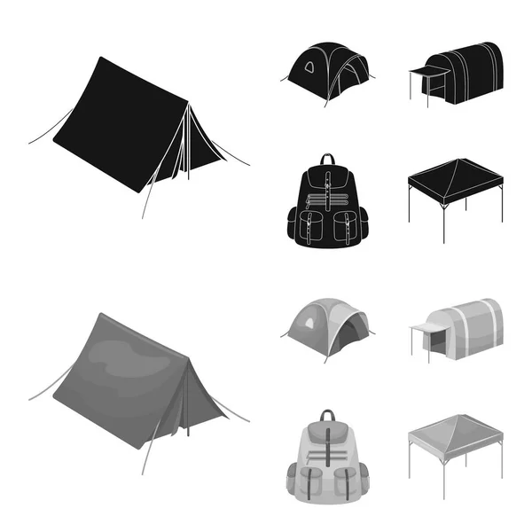 Рюкзак и другие виды палаток. Иконки коллекции палаток в черном, монохромном стиле. . — стоковый вектор