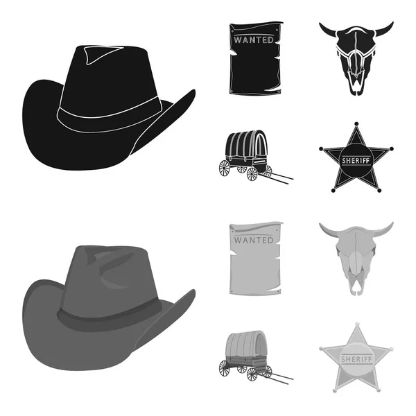Chapéu de cowboy, é revistado, carrinho, crânio de touro. Wild West conjunto coleção ícones em preto, estilo monocromático símbolo vetorial estoque ilustração web . —  Vetores de Stock