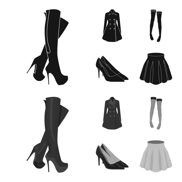 Botas altas de mujer, abrigos en botones, medias con una banda elástica con un patrón, zapatos de tacón alto. Ropa de las mujeres conjunto de iconos de colección en negro, monocromo estilo vector símbolo stock ilustración web . — Archivo Imágenes Vectoriales