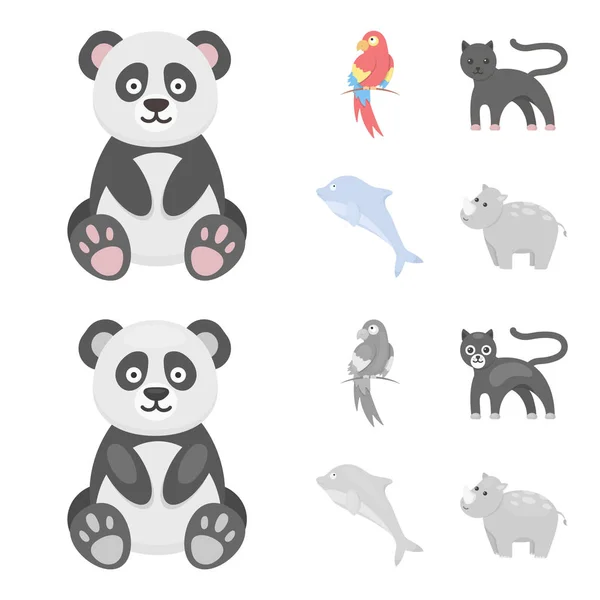 Panda.popugay, пантера, дельфин. Животные набор иконки коллекции в мультфильме, монохромный стиль векторного символа фондового иллюстрации веб . — стоковый вектор