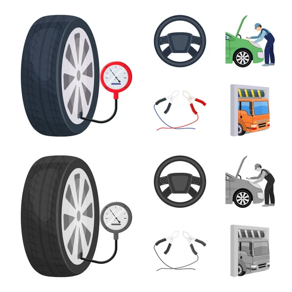 Ajuste do motor, volante, braçadeira e desenhos animados de roda, ícones monocromáticos na coleção de conjuntos para design.Car manutenção estação vetor símbolo ilustração web . — Vetor de Stock