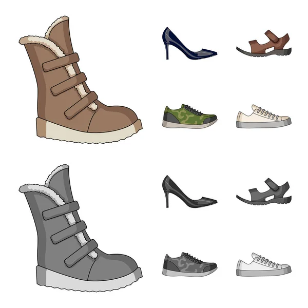 Ikonok a különböző cipő halmaza. Különböző cipő egyetlen ikonját rajzfilm, fekete-fehér stílus vektor web szimbólum stock illusztráció. — Stock Vector