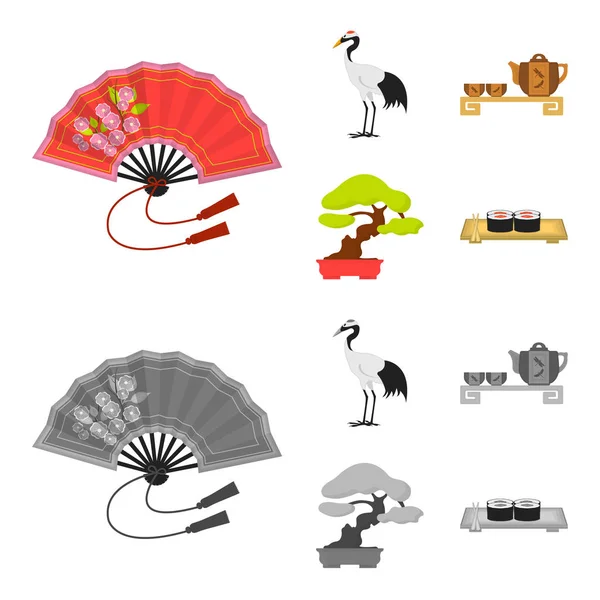 Ventilátor, červené koruny jeřáb, čajový obřad, bonsaje. Japonsko sada kolekce ikon v karikatuře, monochromatické stylu vektor symbol akcií ilustrace web. — Stockový vektor