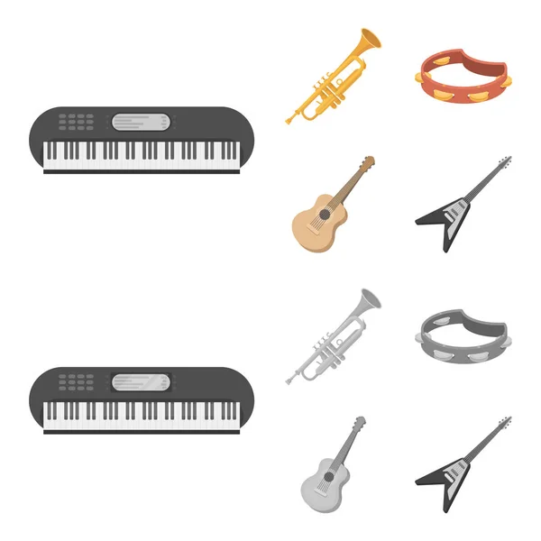 Электроорган, труба, тамбурин, струнная гитара. Музыкальные инструменты настраивают иконки коллекции в мультипликационном, монохромном стиле векторных символов иконок . — стоковый вектор