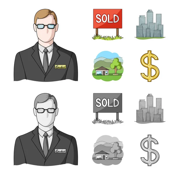 Employee of the agency, sold, metropolis, country house. Realtor set collection icons in cartoon,monochrome style vector symbol stock illustration web. — Stock Vector