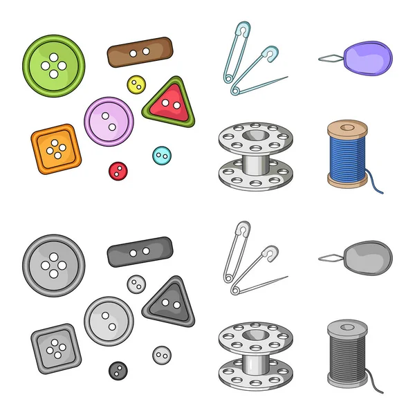 Düğmeleri, iğne, bobin ve iş parçacığı. Dikiş veya araçları terzilik çizgi film, tek renkli stil vektör simge stok çizim web simgeler ayarla.