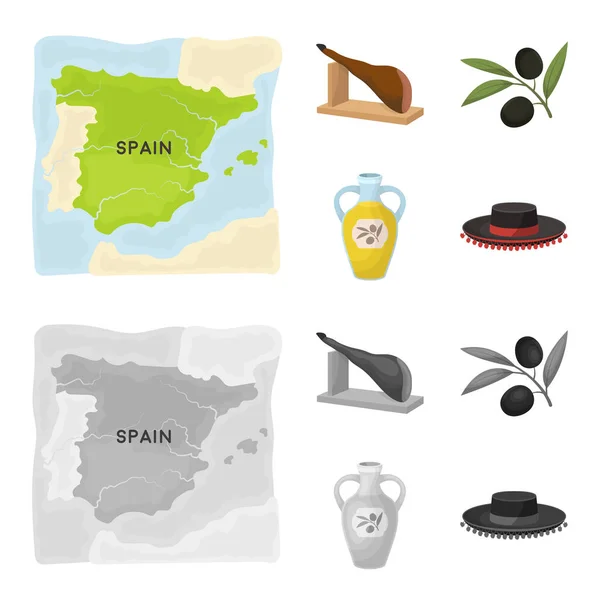 Mapa de Espanha, prato nacional de pijama, azeitonas em um ramo, óleo de azeitona em uma garrafa. Espanha país conjunto coleção ícones em desenhos animados, estilo monocromático vetor símbolo estoque ilustração web . —  Vetores de Stock