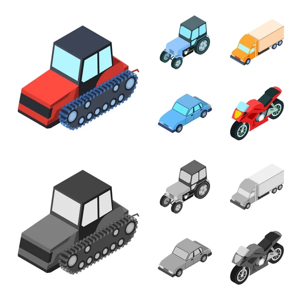 Трактор, гусеничный трактор, грузовик, машина. Иконки коллекции транспортного набора в мультипликационном, монохромном стиле . — стоковый вектор