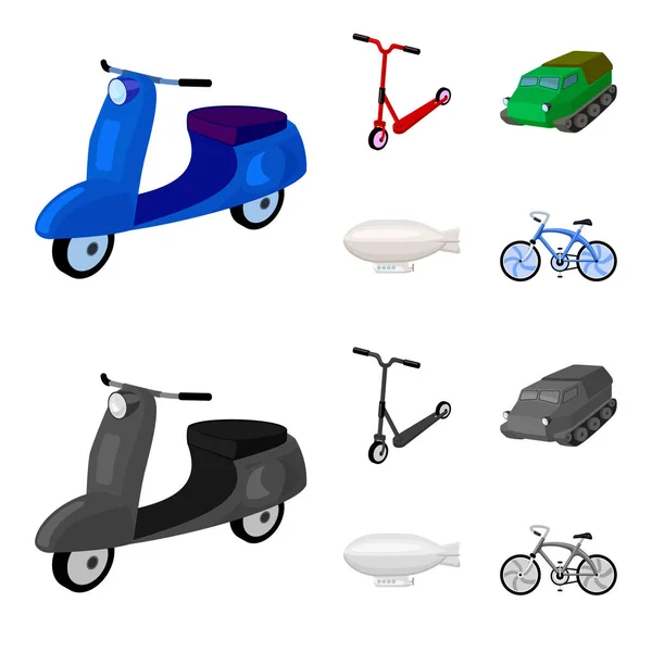 Motocykl, skútr, obrněný transportér, balon typy dopravy. Dopravní nastavení kolekce ikon v karikatuře, monochromatické stylu vektor symbol akcií ilustrace web. — Stockový vektor