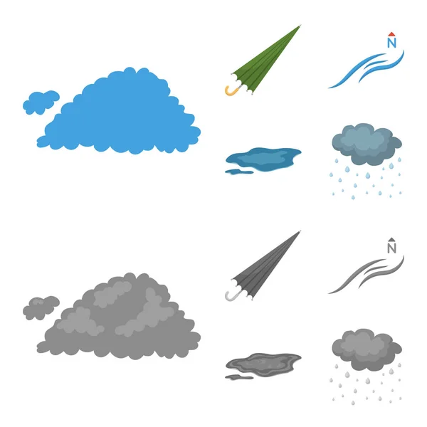 Хмара, парасолька, північний вітер, калюжа на землі. Набір піктограм колекції погоди в мультфільмі, монохромний стиль Векторний символ стокової ілюстрації веб . — стоковий вектор