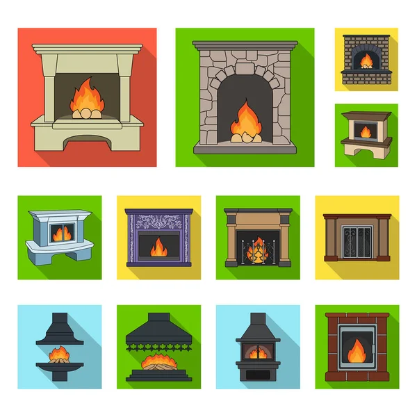 Diferentes tipos de lareiras ícones planos na coleção de conjuntos para design.Fireplaces construção vetor símbolo web ilustração . — Vetor de Stock