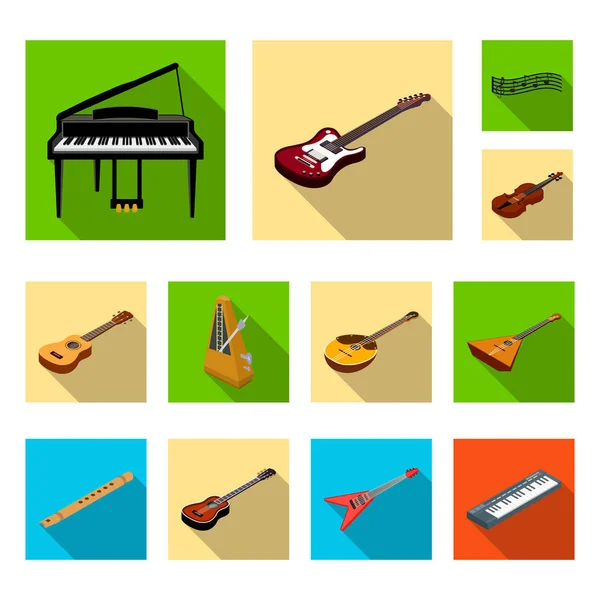 Musikinstrument flache Symbole in Set-Kollektion für Design. Saiten- und Blasinstrument isometrisches Vektor-Symbol Stock Web Illustration. — Stockvektor