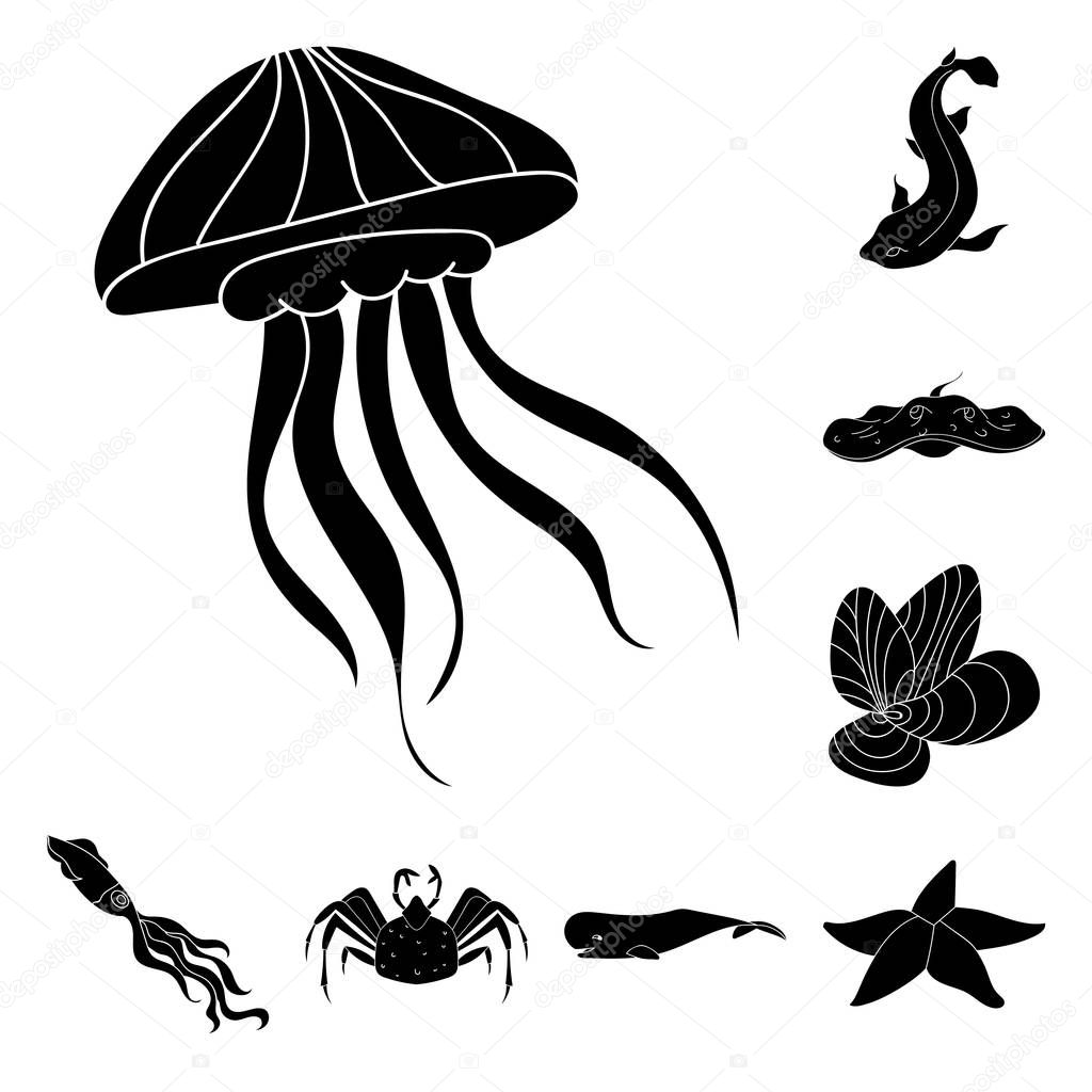 A variety of marine animals black icons in set collection for design. Fish and shellfish vector symbol stock  illustration.