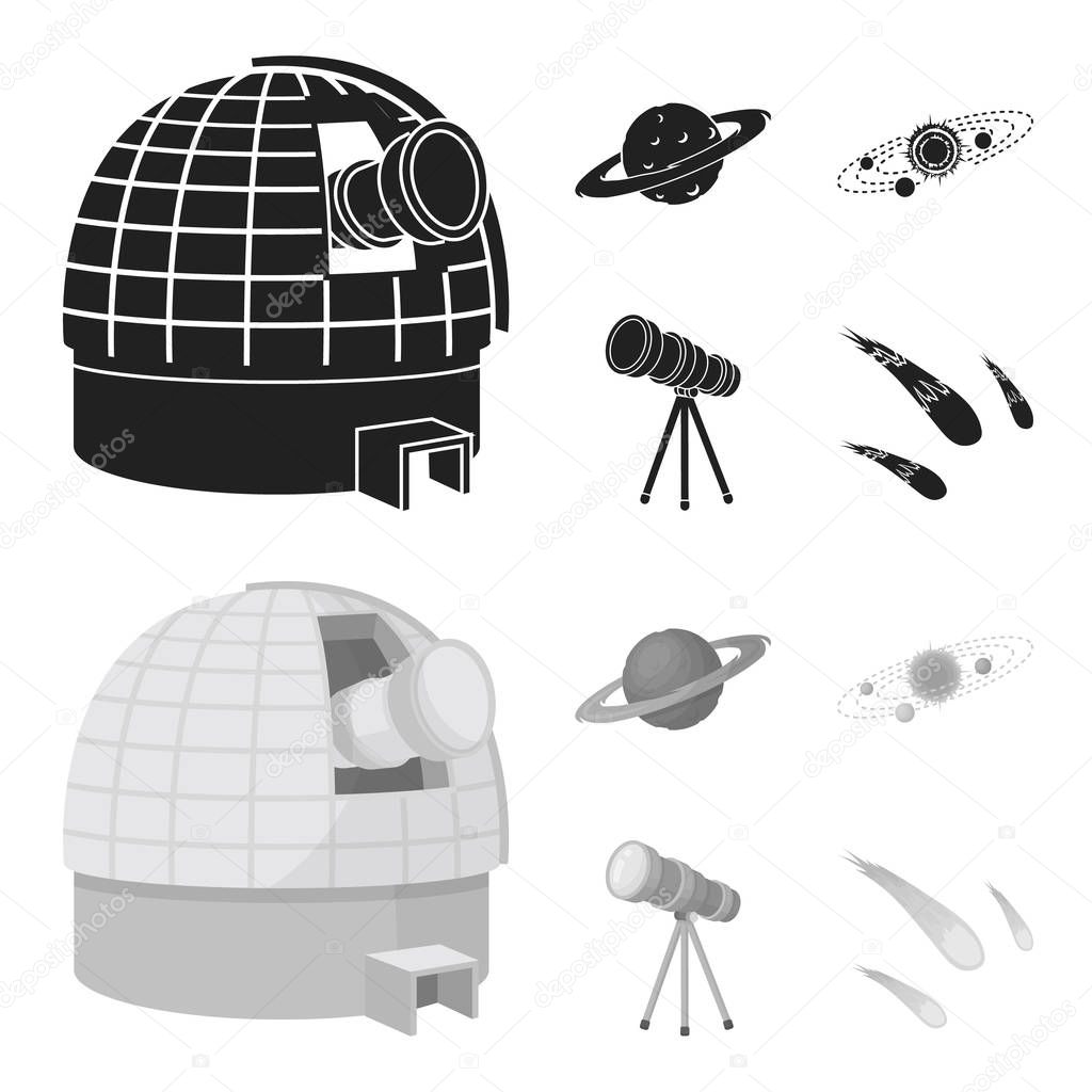 Observatory with radio telescope, planet Mars, Solar system with orbits of planets, telescope on tripod. Space set collection icons in black,monochrom style vector symbol stock illustration .