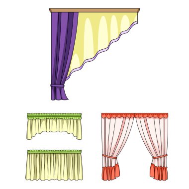 Perde çeşitleri set koleksiyonu tasarım için simgeleri karikatür. Perdeler ve Saçakların sembol stok web illüstrasyon vektör.