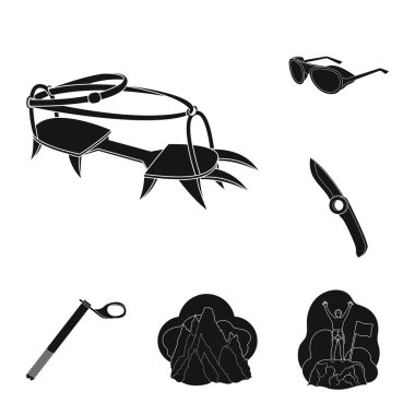 Dağcılık ve set koleksiyonu tasarım için siyah simgeler tırmanma. Ekipman ve aksesuarları sembol stok web illüstrasyon vektör.