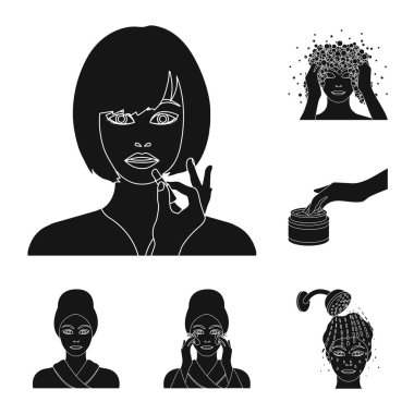 Saç Bakımı ve set koleksiyonu tasarım için siyah simgeler yüz. Makyaj ve parfüm sembol stok web illüstrasyon vektör.