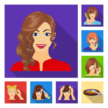 Bakım set koleksiyonu tasarım için saç ve yüz düz simgeler. Makyaj ve parfüm sembol stok web illüstrasyon vektör.