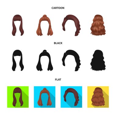 Saç uzun, kırmızı ve diğer türleri. Arka saç toplama simgeler çizgi film, siyah, düz stil vektör simge stok çizim web içinde ayarla..