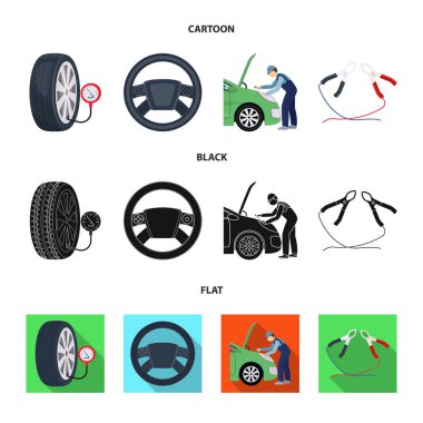 Motor ayarı, direksiyon simidi, kelepçe ve tekerlek karikatür, set koleksiyonu tasarım için siyah, düz simgeler. Araba bakım istasyonu vektör simge stok çizim web.